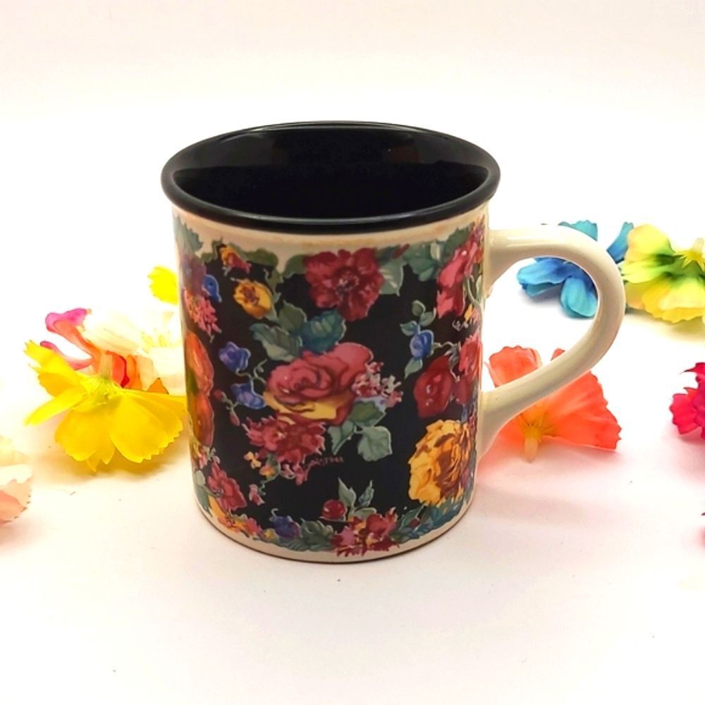 Vintage Potpourri Press 1989 Floral Black Mug